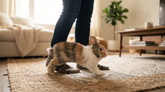 Lapin tricolore tournant autour des jambes d'une personne debout sur un tapis de salon — le lapin qui tourne autour de vos jambes