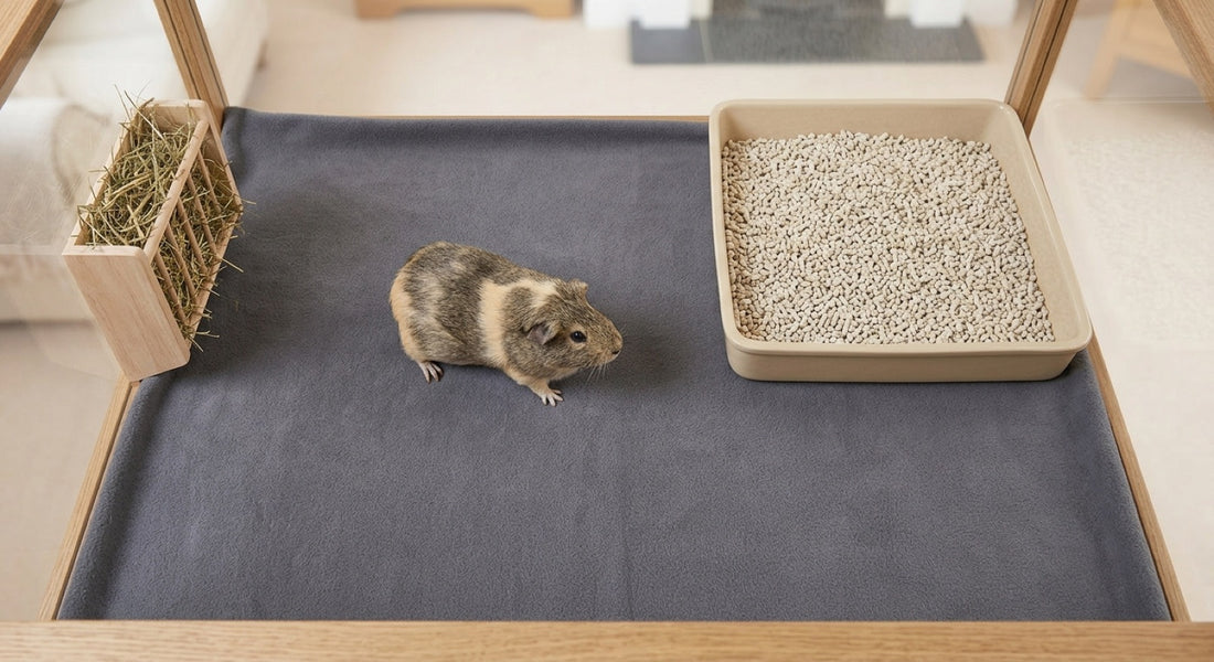 Litière pour cochon d'Inde : zone de vie en tapis textile et bac toilette garni de granulés dans un angle de l'enclos