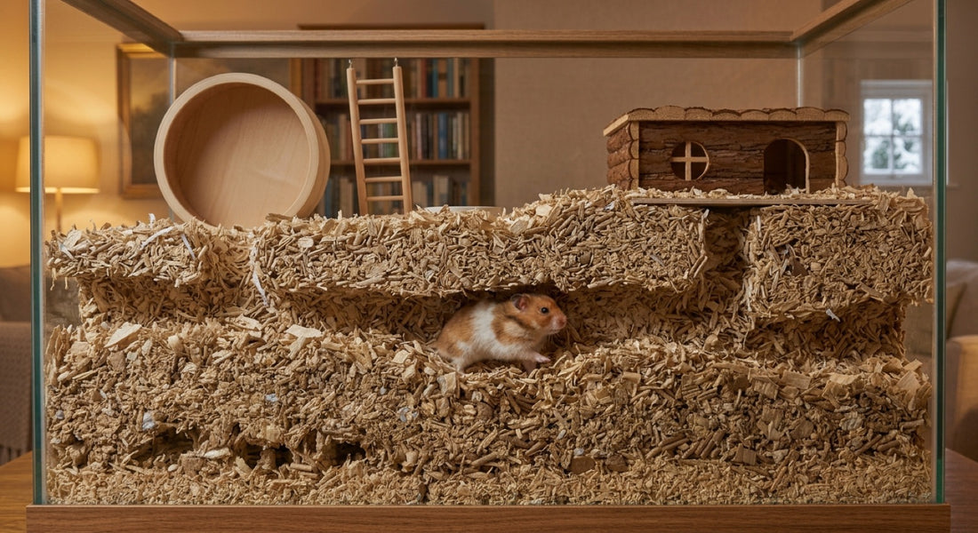 Litière pour hamster : couche épaisse de copeaux et de fibres avec un tunnel creusé visible à travers la vitre, hamster dans sa galerie