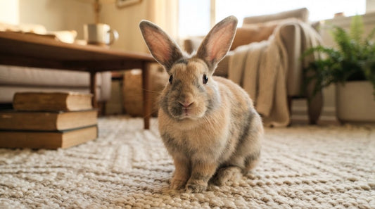 Lapin beige aux deux oreilles dressées et orientées vers l'avant, assis sur un tapis de salon — la position des oreilles du lapin