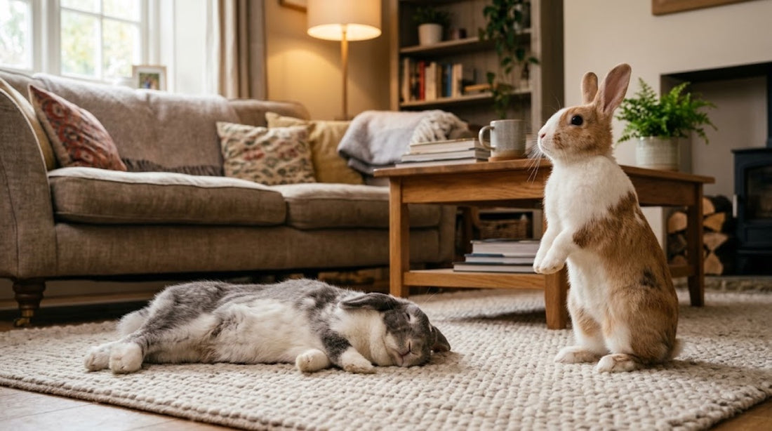 Deux lapins dans un salon, l'un étalé sur le flanc et l'autre dressé sur ses pattes arrière — les positions du lapin et ce qu'elles disent