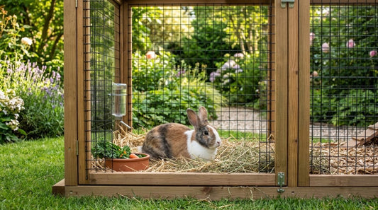 Lapin tricolore dans un enclos extérieur en bois entièrement grillagé, dessus compris, posé sur une pelouse — protéger un lapin des prédateurs