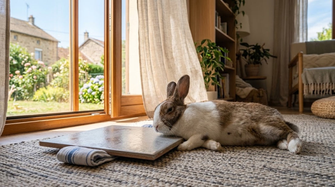Lapin brun et blanc étalé de tout son long sur une dalle fraîche près d'une porte-fenêtre ouverte en été — rafraîchir un lapin quand il fait chaud