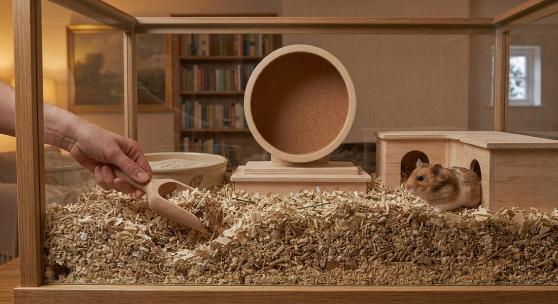 S'occuper d'un hamster : une main retire un coin de litière à la pelle en bois pendant que le hamster sort de sa cachette