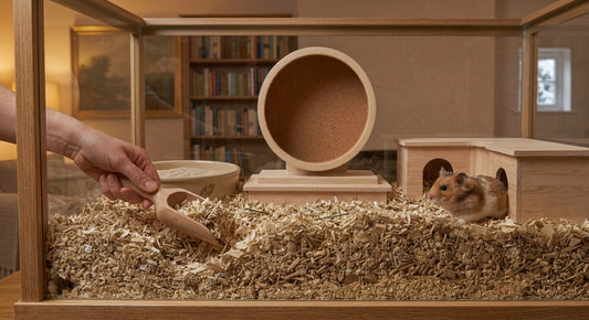 S'occuper d'un hamster : une main retire un coin de litière à la pelle en bois pendant que le hamster sort de sa cachette