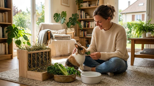 Personne assise au sol près d'un lapin tricolore, d'un râtelier à foin et d'une écuelle d'eau dans un salon — s'occuper d'un lapin au quotidien