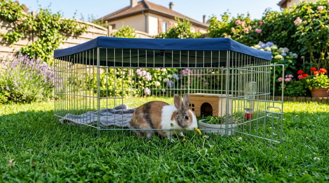 Lapin tricolore dans un enclos de jardin à panneaux grillagés avec toit d'ombrage et cachette, posé sur la pelouse — sortir son lapin au jardin
