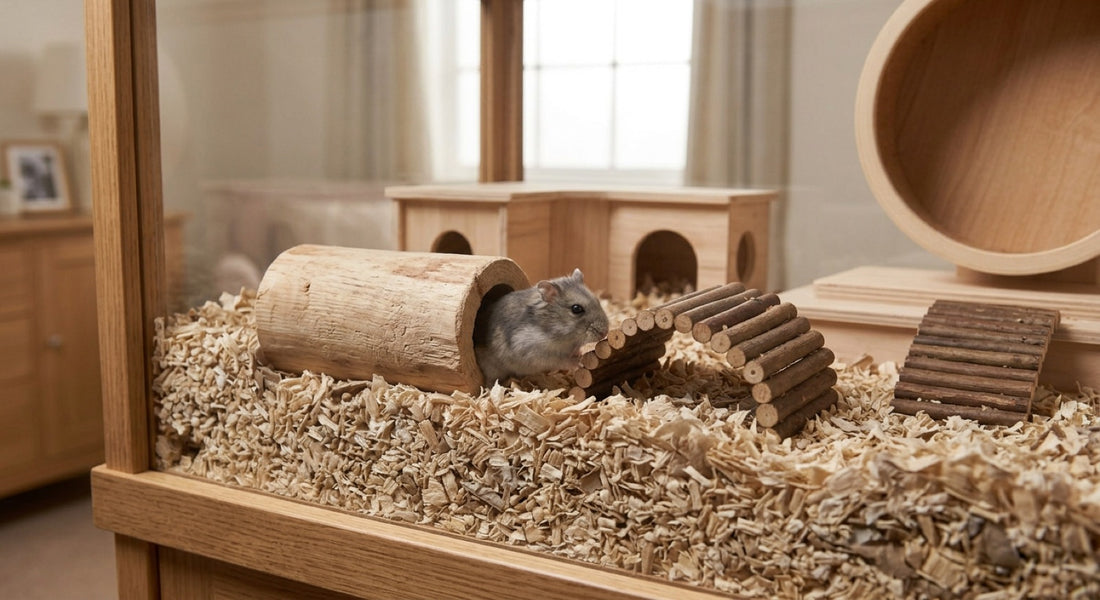 Tuyau pour hamster : un hamster nain sort d'un tunnel en bois brut posé au sol de sa cage, pont en arc à côté