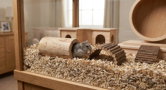 Tuyau pour hamster : un hamster nain sort d'un tunnel en bois brut posé au sol de sa cage, pont en arc à côté