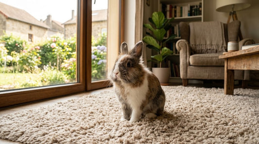 Lapin à poil long seul sur un tapis, devant une baie vitrée donnant sur un jardin — un lapin peut-il vivre seul