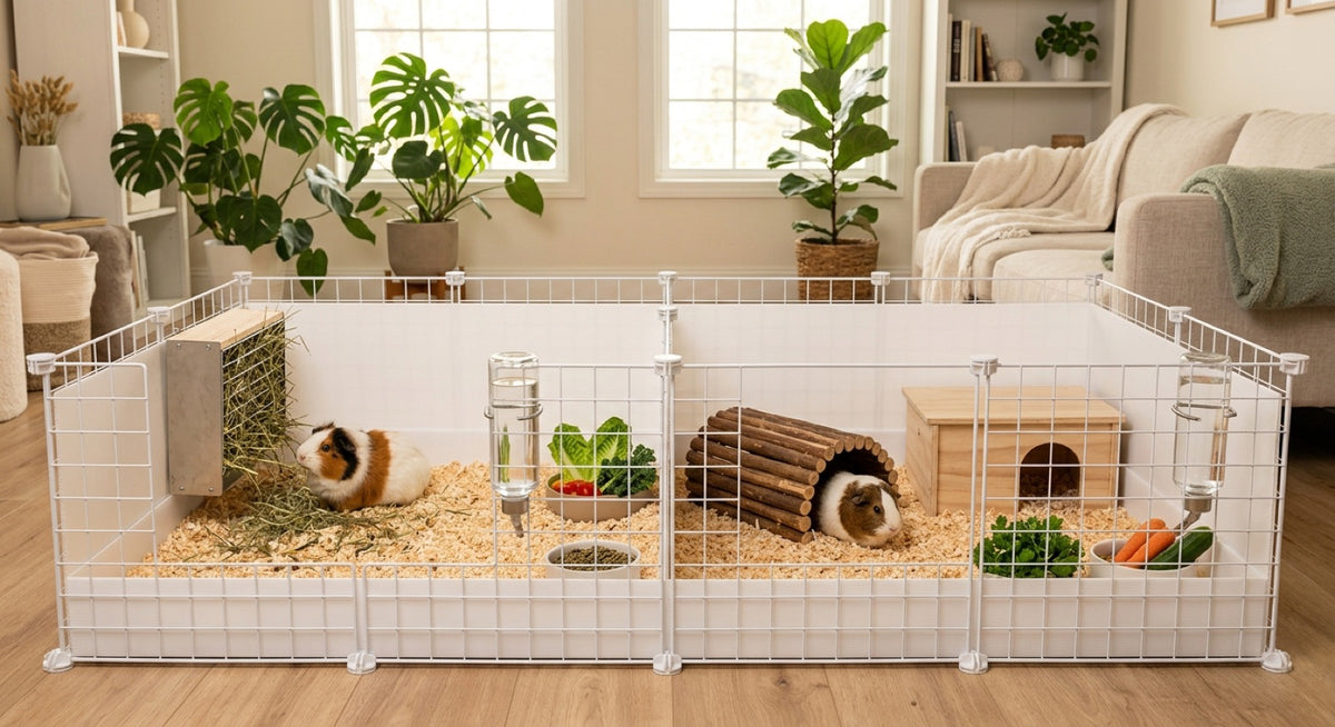 Grande cage pour deux cochons d'Inde avec deux cabanes, tunnel, râtelier et gamelles