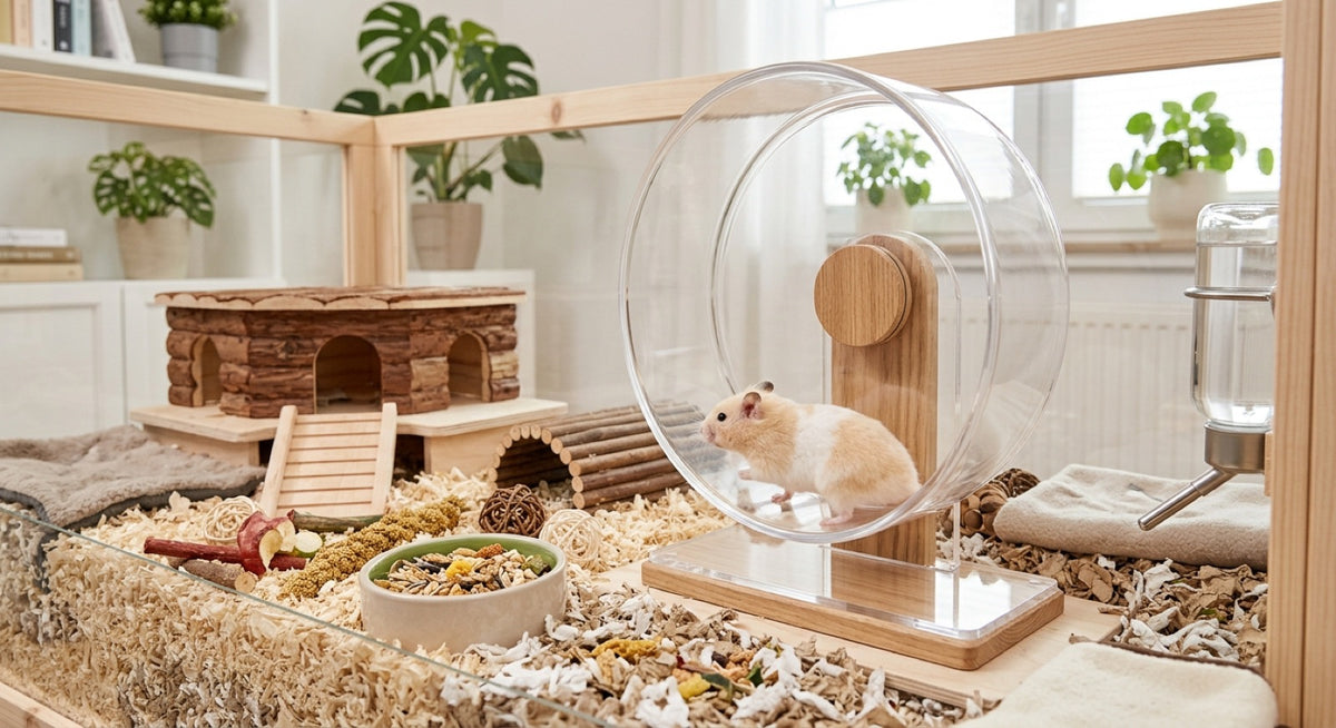 Roue silencieuse à surface pleine pour hamster, dans un enclos en bois avec cabane et biberon