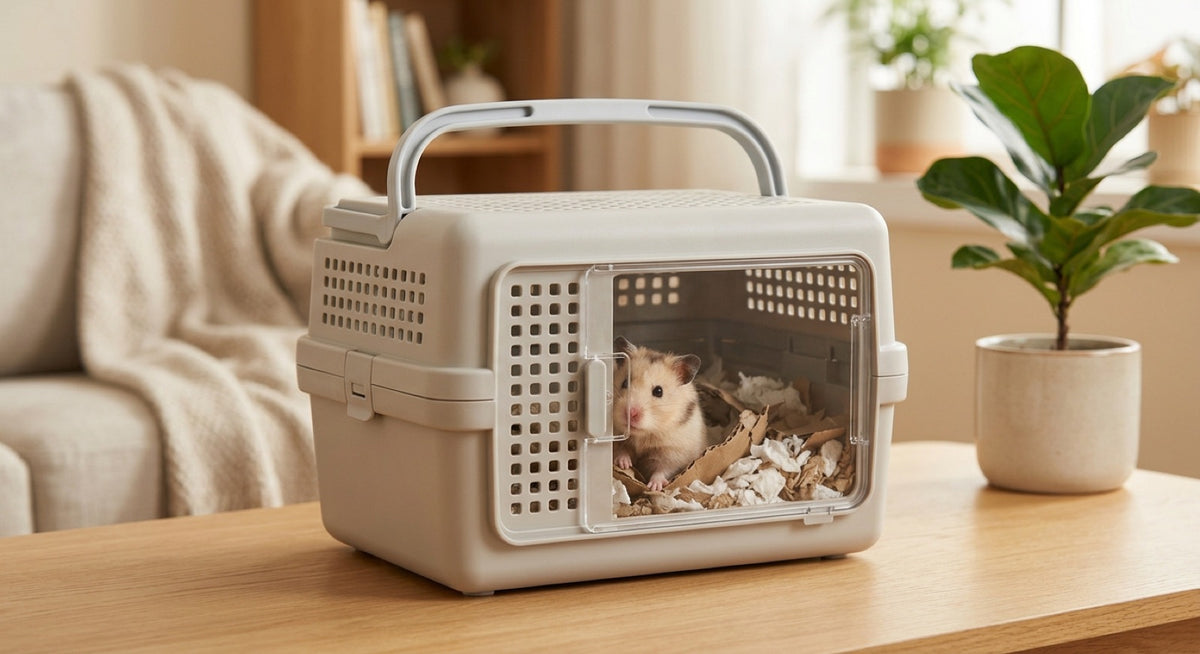 Caisse de transport à poignée pour hamster, porte grillagée et litière, posée sur un canapé
