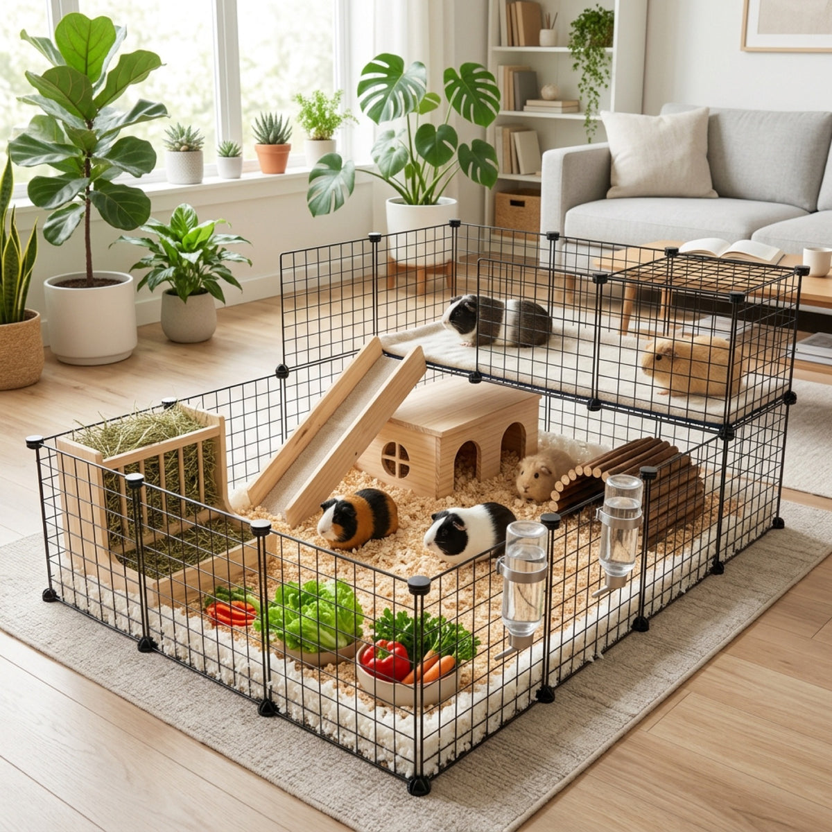 Cage modulable à grilles pour cochons d'Inde, montée le long d'un mur dans un salon lumineux