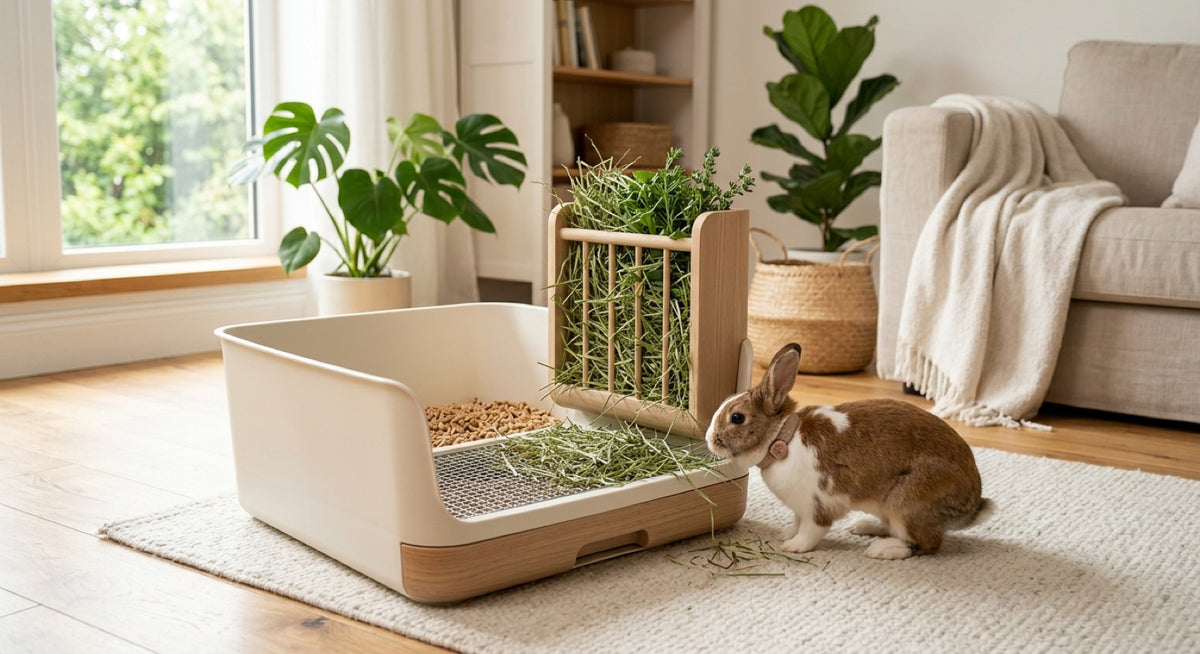 Bac à litière à rebord haut pour lapin avec râtelier à foin intégré, posé dans un salon