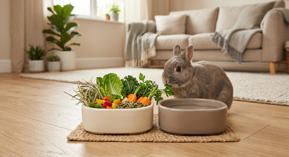 Gamelles en céramique pour lapin posées au sol, l'une garnie de verdure, avec un lapin qui mange