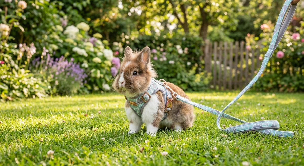 Lapin portant un harnais réglable avec sa laisse, en promenade dans un jardin