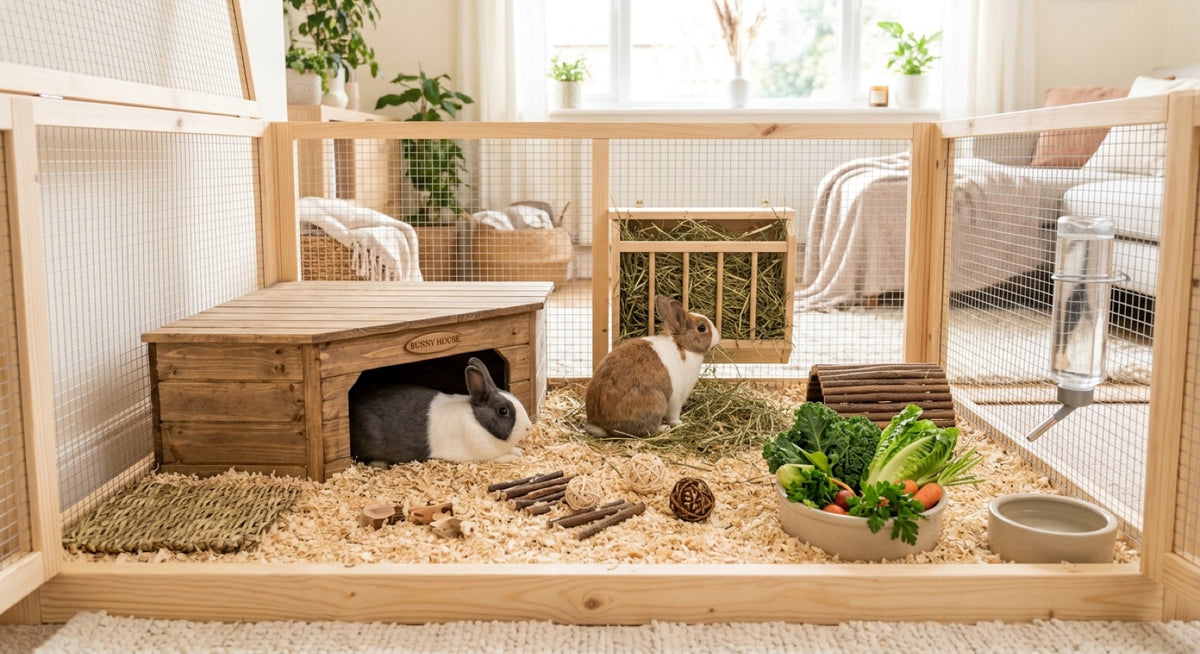Enclos en bois pour lapin monté dans un salon, avec cabane, râtelier à foin, biberon et gamelle