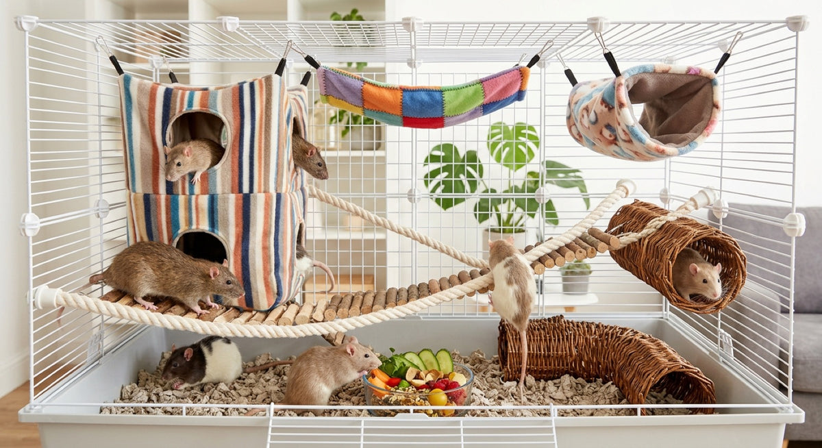 Accessoires de cage pour rats : hamacs suspendus, tunnels en tissu, cordes et plateformes