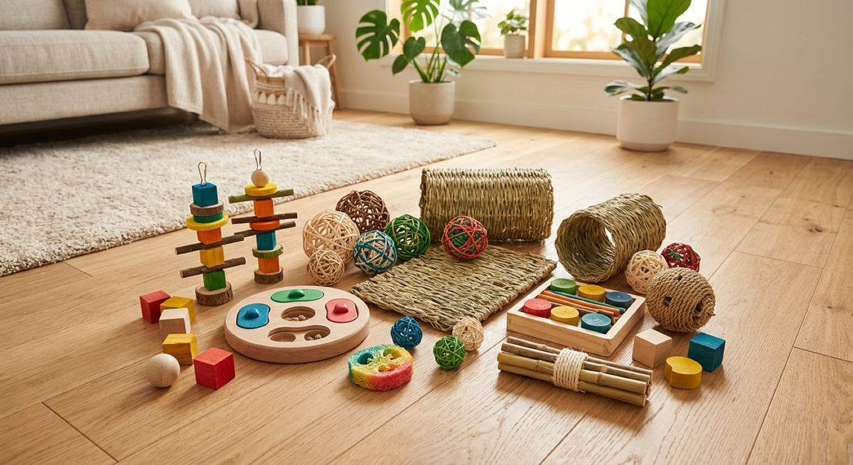 Jouets pour lapin : balles en osier, tunnel tressé, jeu de fouille et jouet à empiler en bois