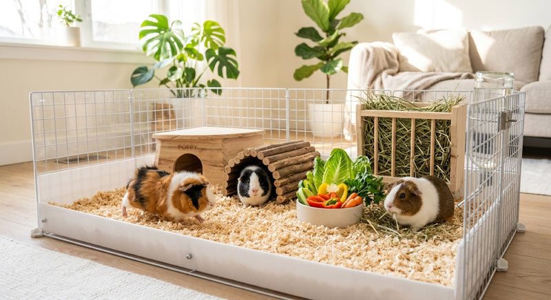 Cage pour cochons d'Inde avec cabane en bois, râtelier à foin et coupelle de légumes, dans un salon