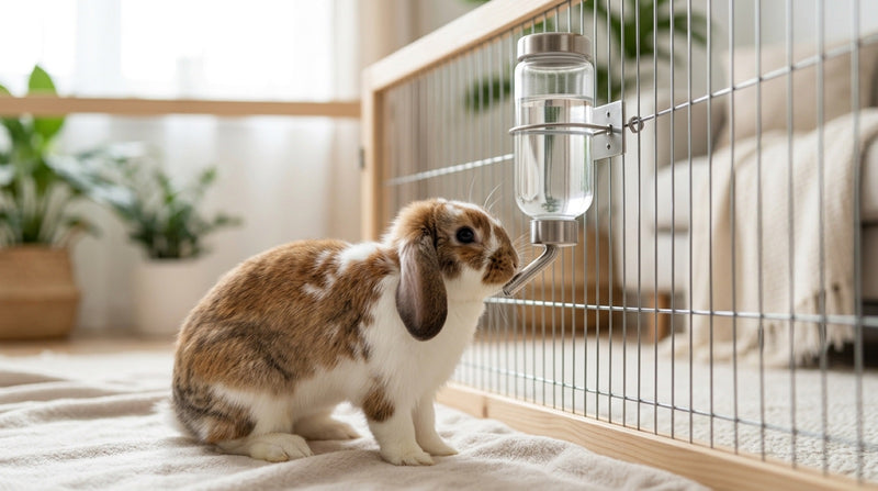 Biberon en verre fixé aux barreaux d'une cage, avec un lapin bélier qui vient boire