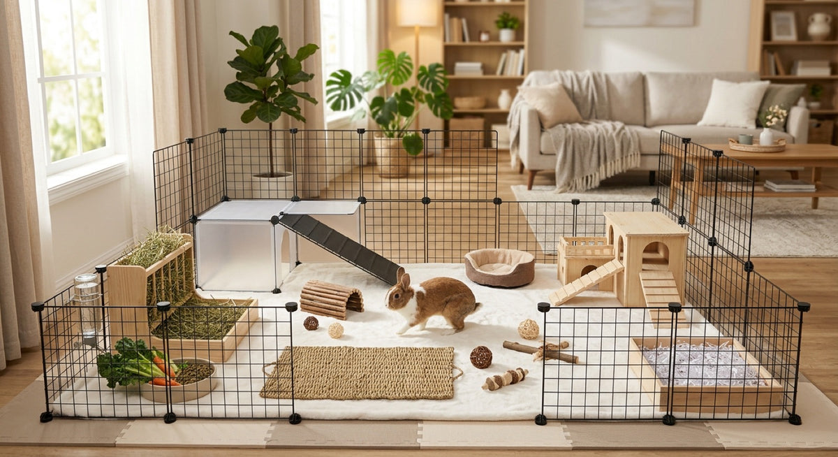 Enclos modulable à panneaux pour lapin monté dans un salon, avec cabane, rampe et tunnel