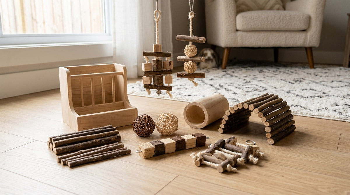 Accessoires en bois pour lapin : râtelier à foin, bâtons à ronger, balles en osier, tunnel et ponts en rondins