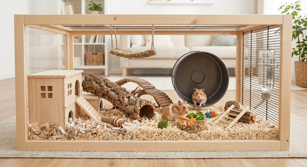 Accessoires de cage pour hamster : roue pleine, cabane en bois, pont en rondins, biberon et hamac