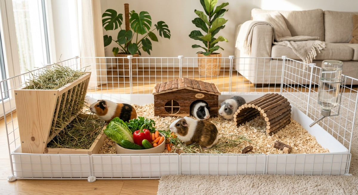 Enclos à panneaux pour cochons d'Inde dans un salon, avec râtelier à foin, cabane et tunnel en bois