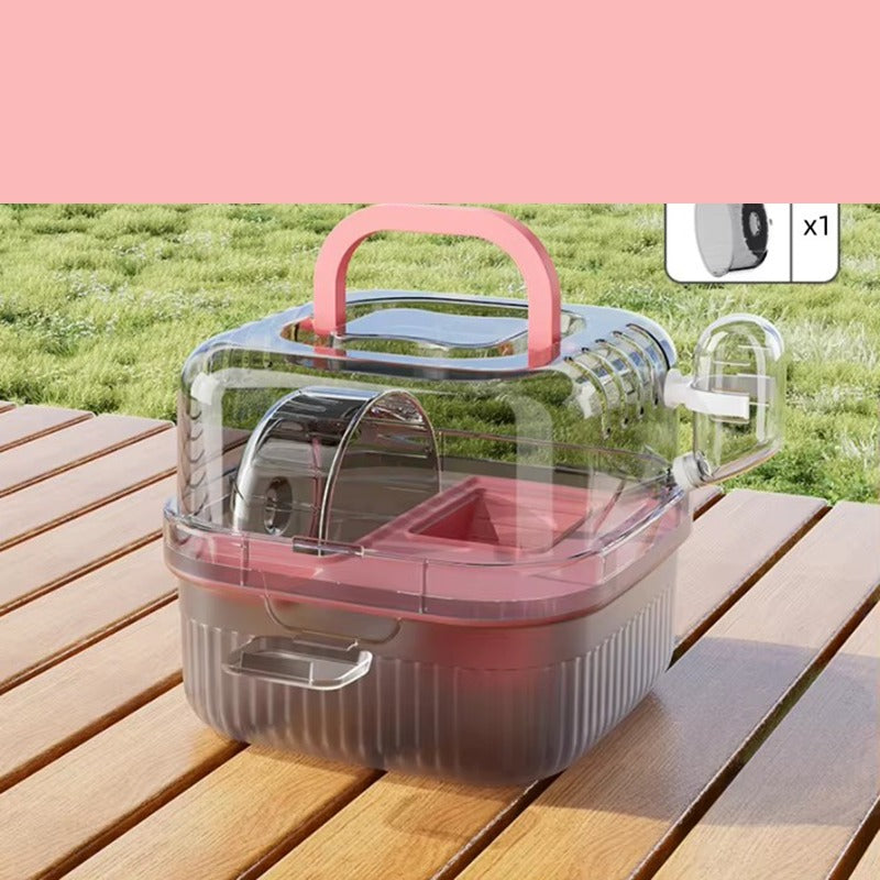 Cage de voyage rose avec sa roue et sa bouteille d'eau