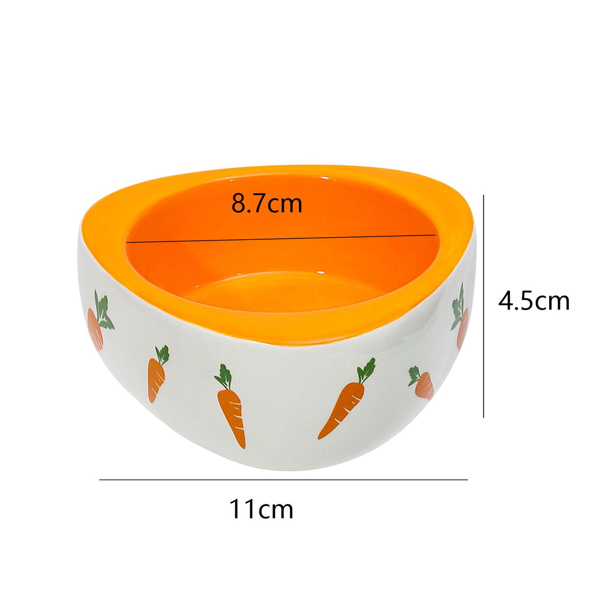 Schéma coté de la gamelle céramique : 11 cm hors-tout, 8,7 cm d'ouverture utile, 4,5 cm de hauteur