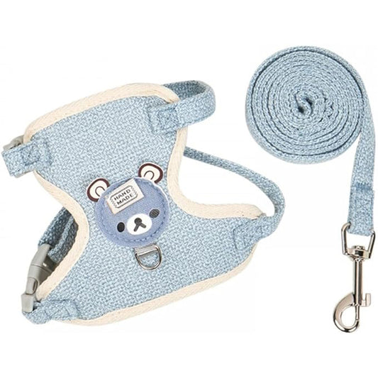 Harnais gilet bleu en coton avec sa laisse enroulée, vu de dessus