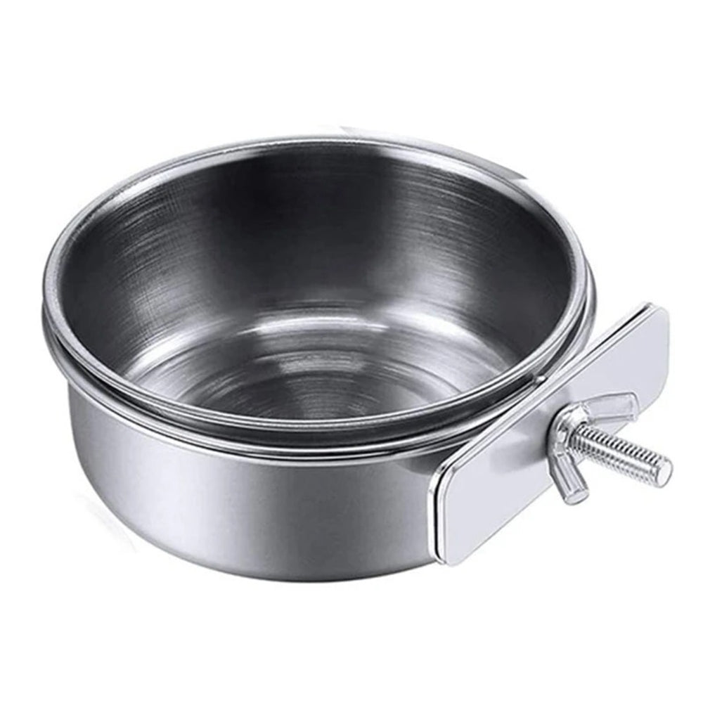 Gamelle inox à pince pour lapin, collier de serrage à vis papillon vu de trois quarts
