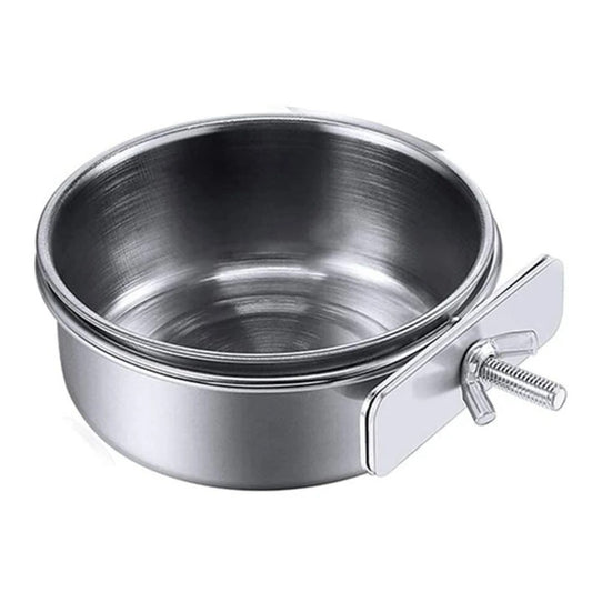 Gamelle inox à pince pour lapin, collier de serrage à vis papillon vu de trois quarts