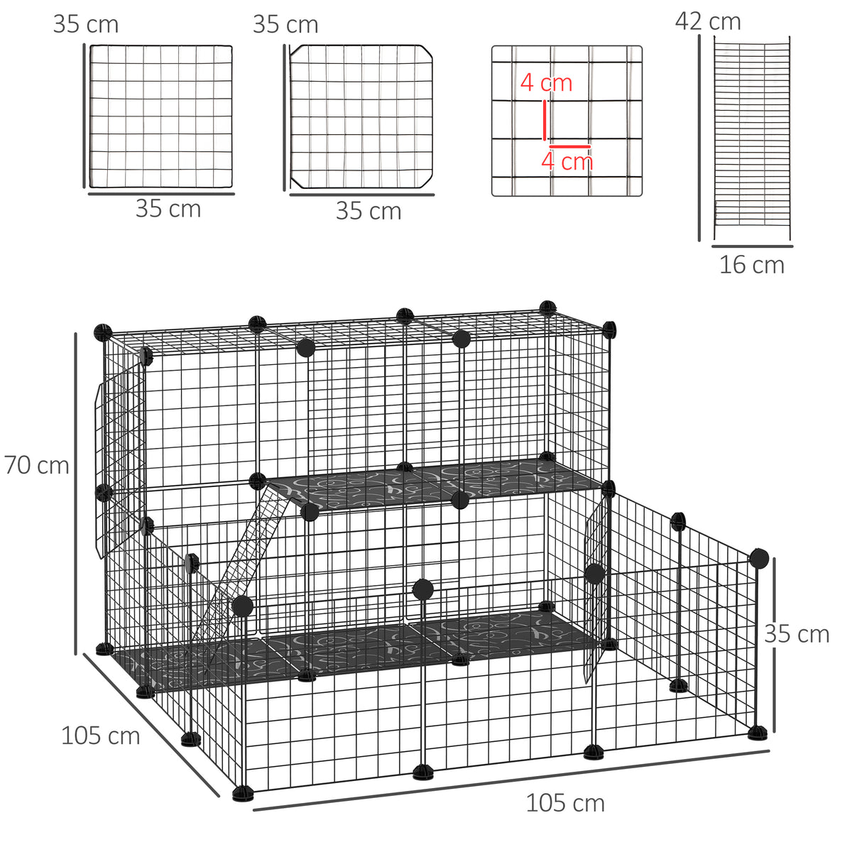 Schéma coté : carré de 105 sur 105 cm, 70 cm de haut, panneau de 35 cm, maille de 4 cm, panneau-porte de 42 sur 16 cm