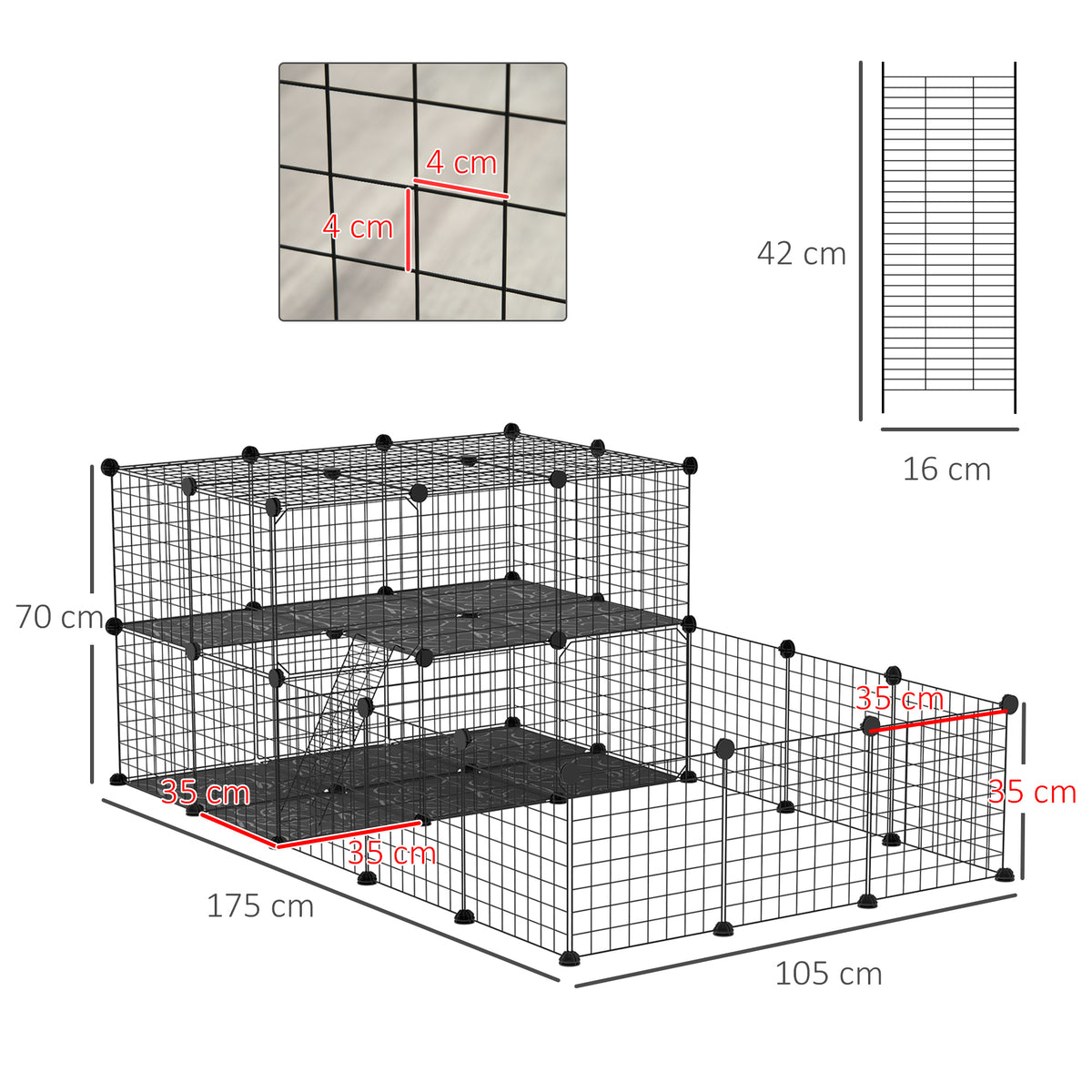 Schéma coté : 175 sur 105 cm au sol, 70 cm de haut, panneau de 35 cm, maille de 4 cm, porte de 42 sur 16 cm