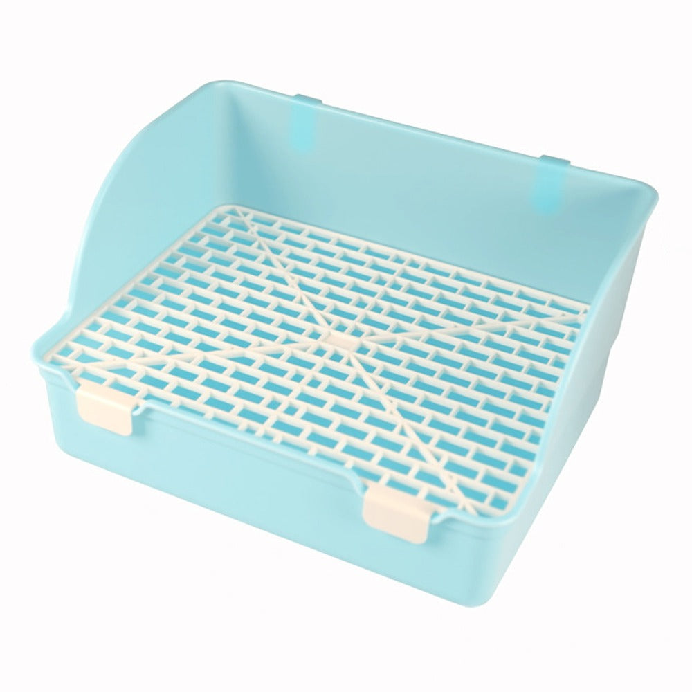 Bac à litière rectangulaire bleu avec grille amovible et deux clips de fixation