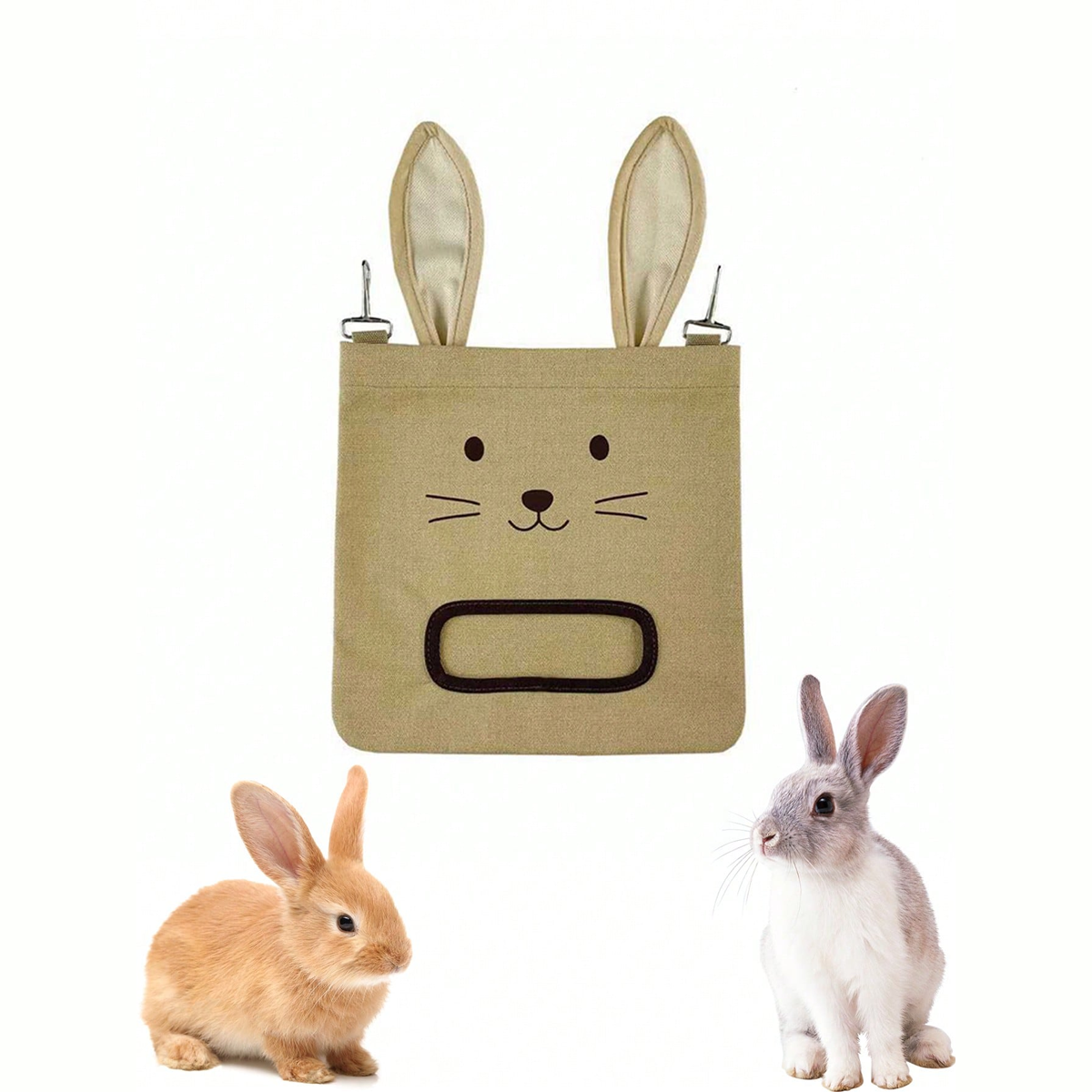 Sac à foin en toile kaki à oreilles, fente frontale renforcée, avec deux lapins
