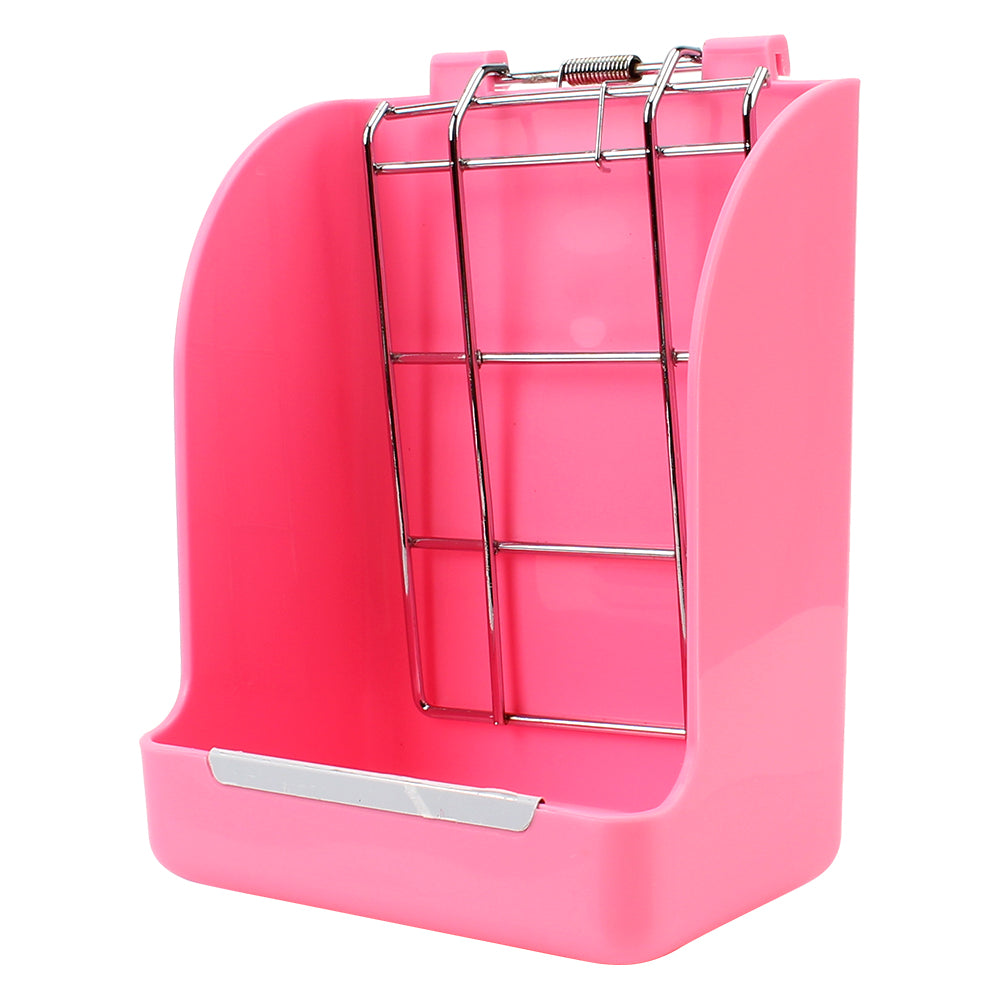 Râtelier rose à cadre grillagé monté sur son bac de récupération, vu de trois quarts