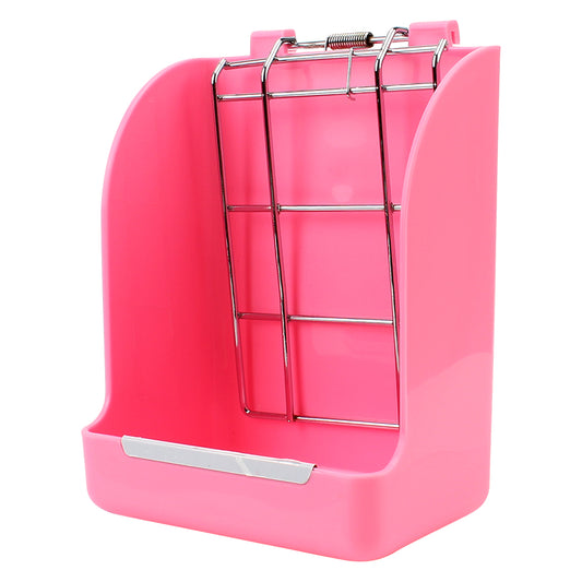 Râtelier rose à cadre grillagé monté sur son bac de récupération, vu de trois quarts