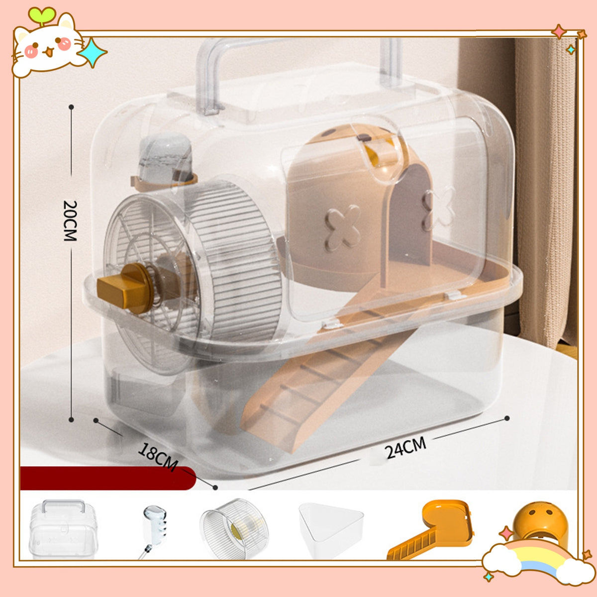 La cage orange et les accessoires fournis : biberon, gamelle, rampe et maisonnette