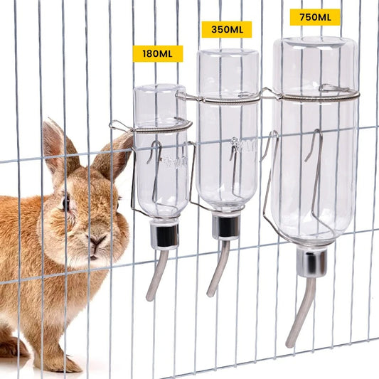 Lapin roux devant trois biberons de 180, 350 et 750 ml accrochés aux barreaux
