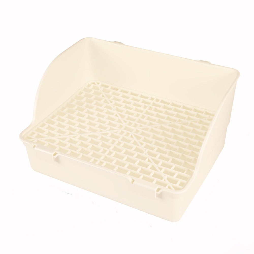 Bac à litière rectangulaire beige avec grille amovible et deux clips de fixation