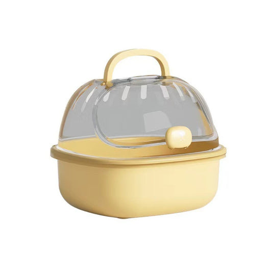 Boîte de transport jaune à couvercle transparent bombé, avec sa poignée