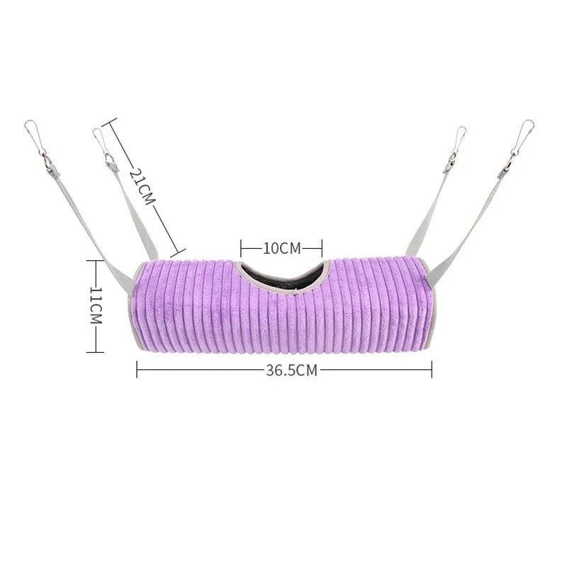 Schéma coté du tunnel-hamac pour rat : 36,5 cm de long, 11 cm de haut, ouverture de 10 cm, sangles de 21 cm