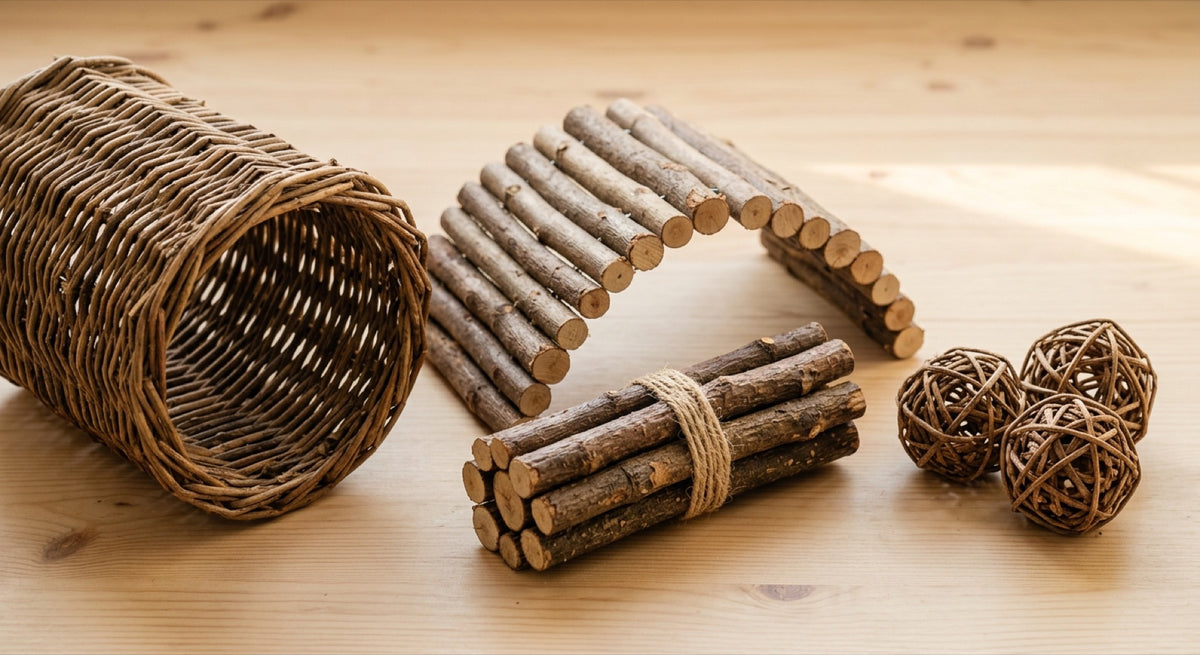 Accessoires en osier et bois pour lapin : tunnel tressé, pont en rondins, bâtons à ronger et balles