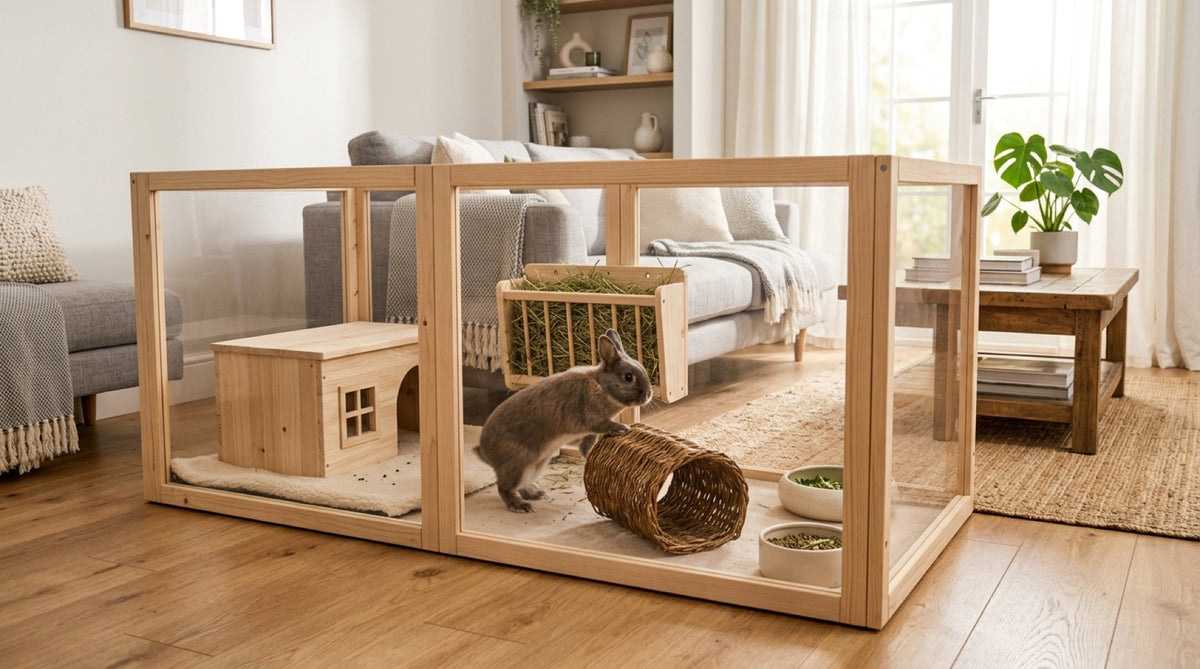 Enclos en bois pour lapin aménagé dans un salon, avec cabane, râtelier à foin, gamelle et tunnel