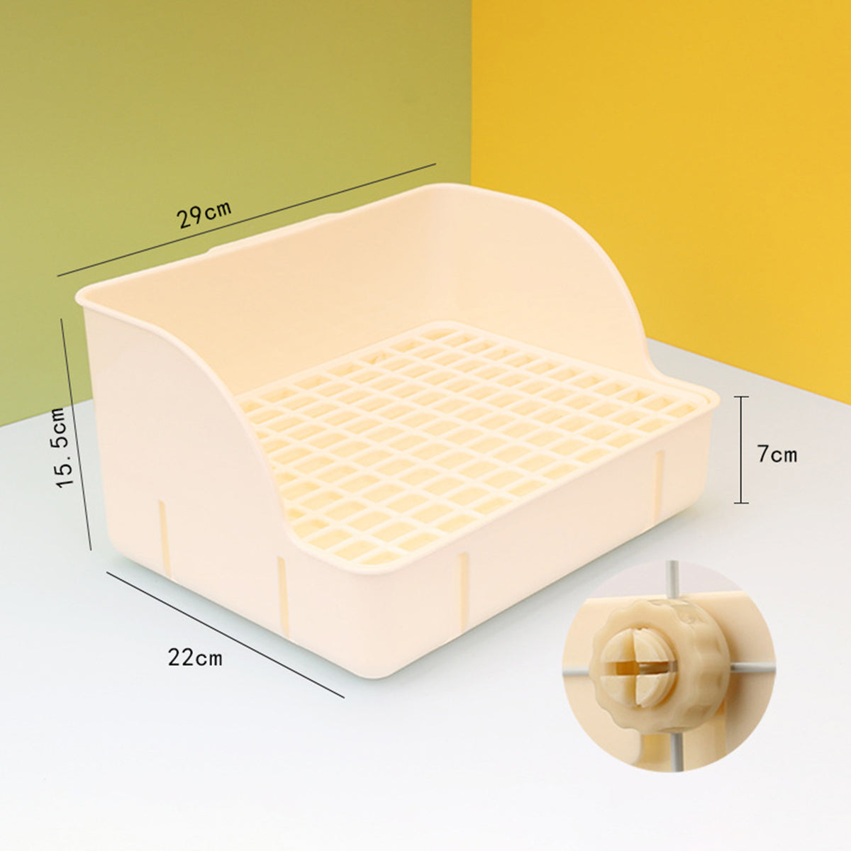 Schéma des dimensions : 29 cm de long, 22 cm de profondeur, 15,5 cm au dos et 7 cm à l'avant, avec détail de l'écrou de fixation