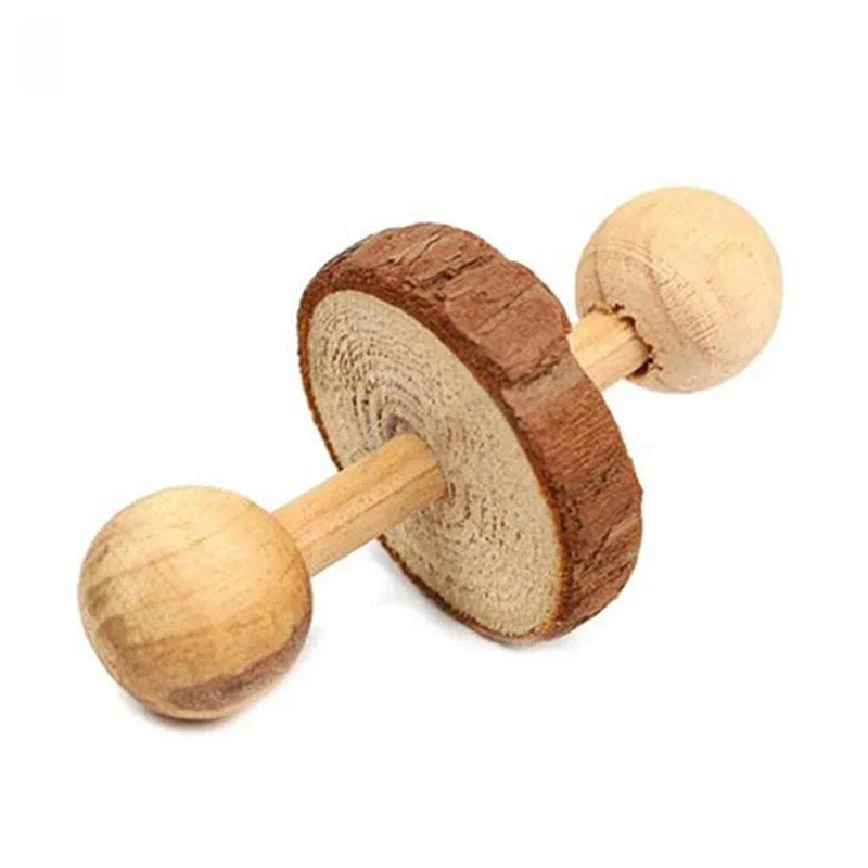 Haltère en bois à disques écorcés et boules aux extrémités